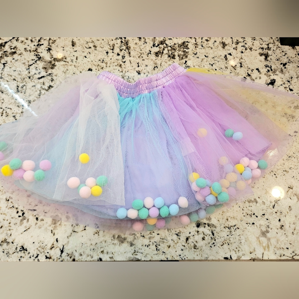 Pastel Tulle Skirt with Pom Poms